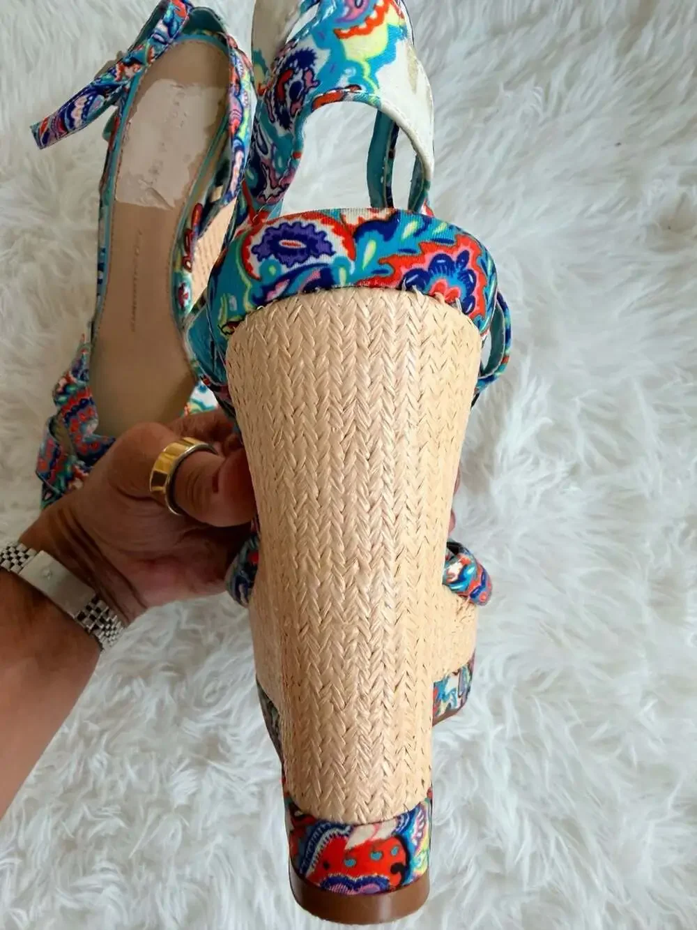 Gianni Bini Blue Multi-Colored Paisley Print Ankle Strap Wedge Sandals